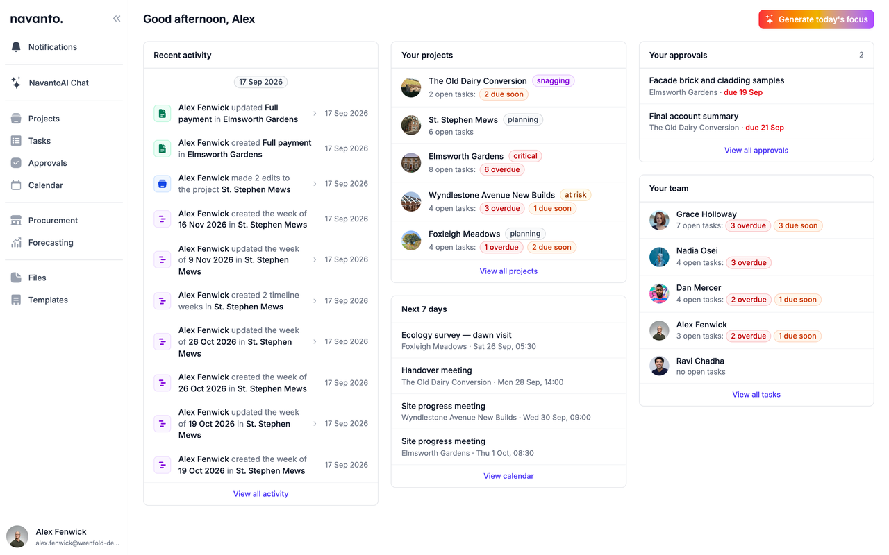 The Navanto dashboard showing a design and build team and their live projects